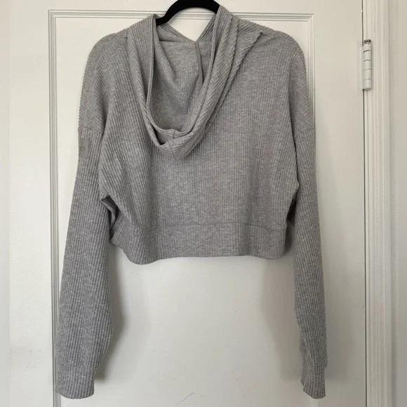 ALO Yoga Gray Ribbed Hooded Women's Sweater - Picture 3 of 4